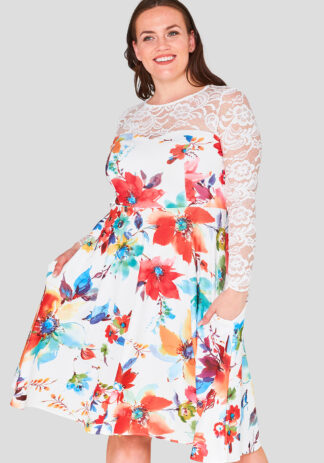 Lace Bodice Plus Size Floral Skater Dress Wholesale